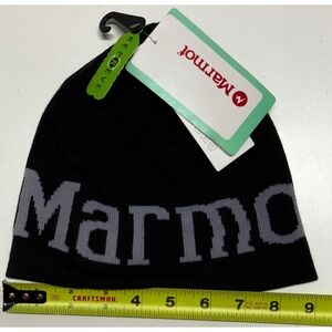Marmot Wordmark Beanie Black Grey Knit Recycled Repreve Hat 68419636 NEW